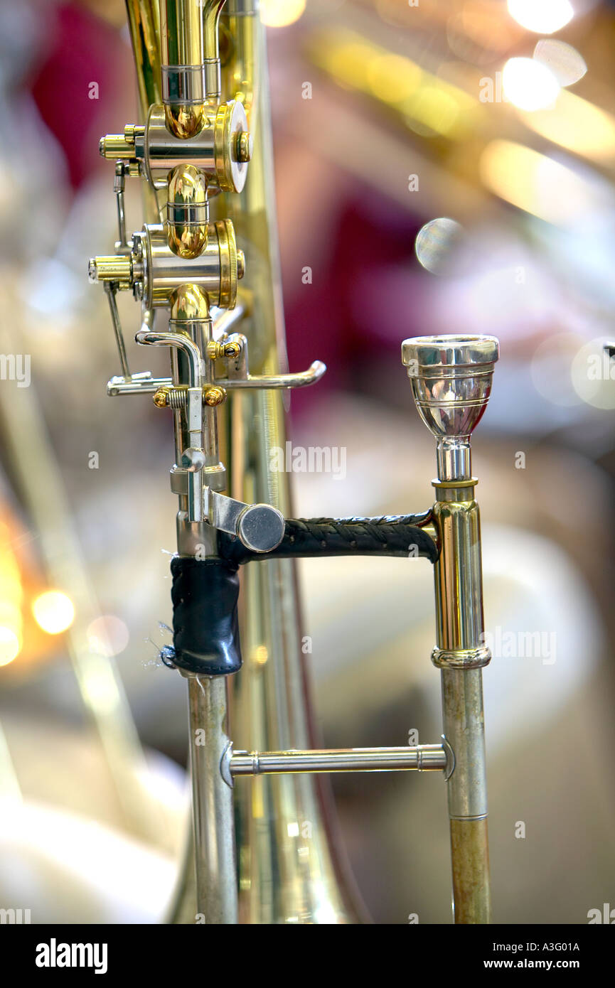 closeup of trombone brass instrument valves and mouth piece Stock Photo