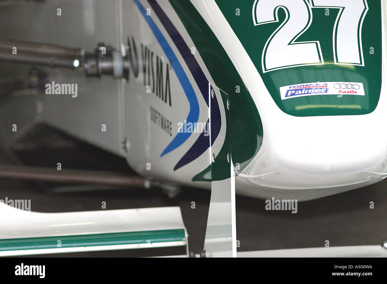 close up of a formula palmer audi race car in the pit garage at oulton ...