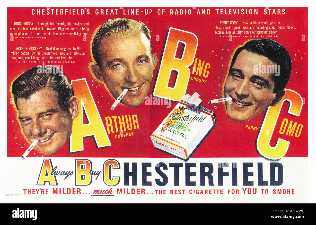 Advert for Chesterfield cigarettes in 1949 with Arthur Godfrey Bing Crosby and Perry Como Stock Photo