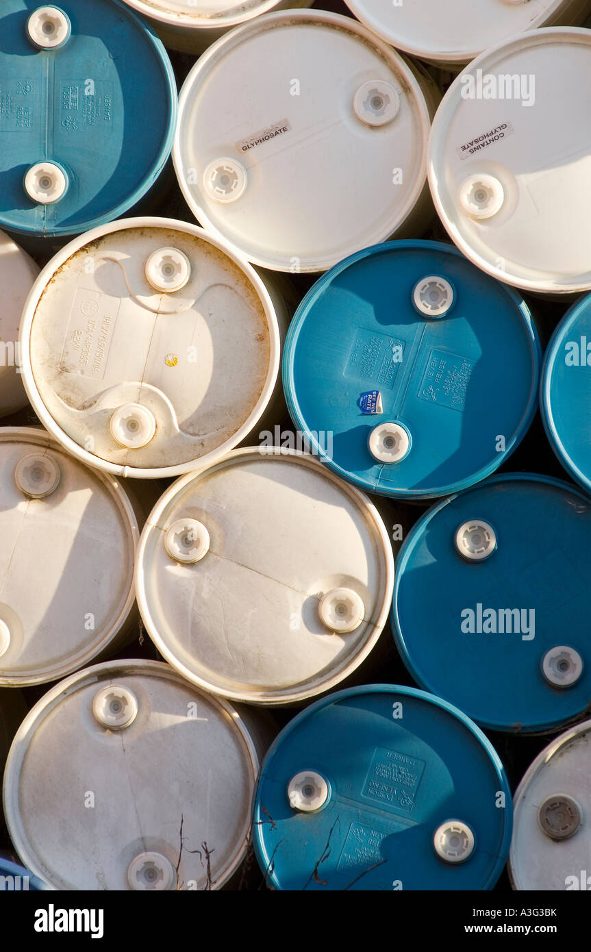 plastic Herbicide containers on farm Stock Photo
