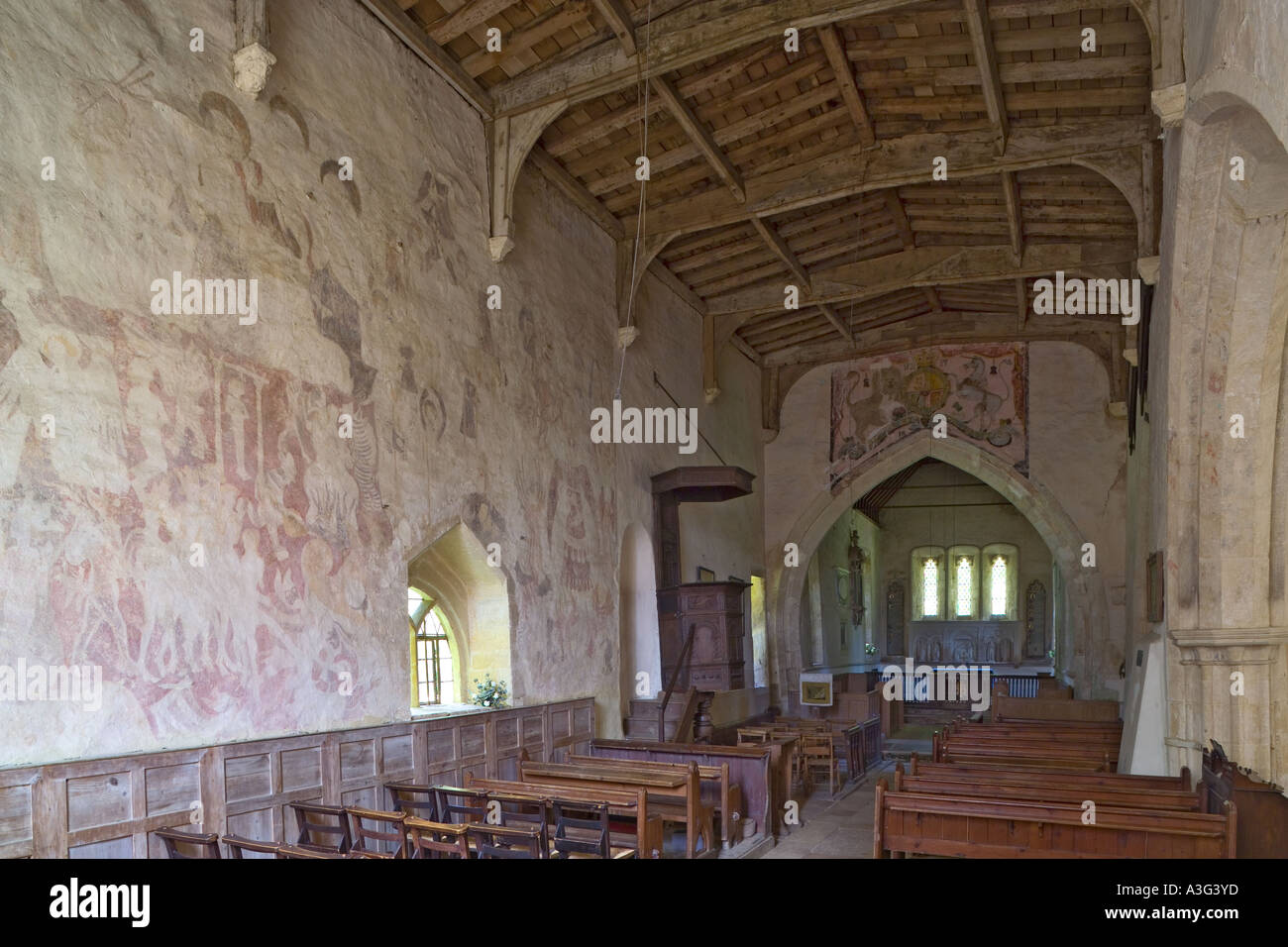 Medieval wall painting in the church of St Nicholas in the Cotswold village  of Lower Oddington, Gloucestershire Stock Photo - Alamy