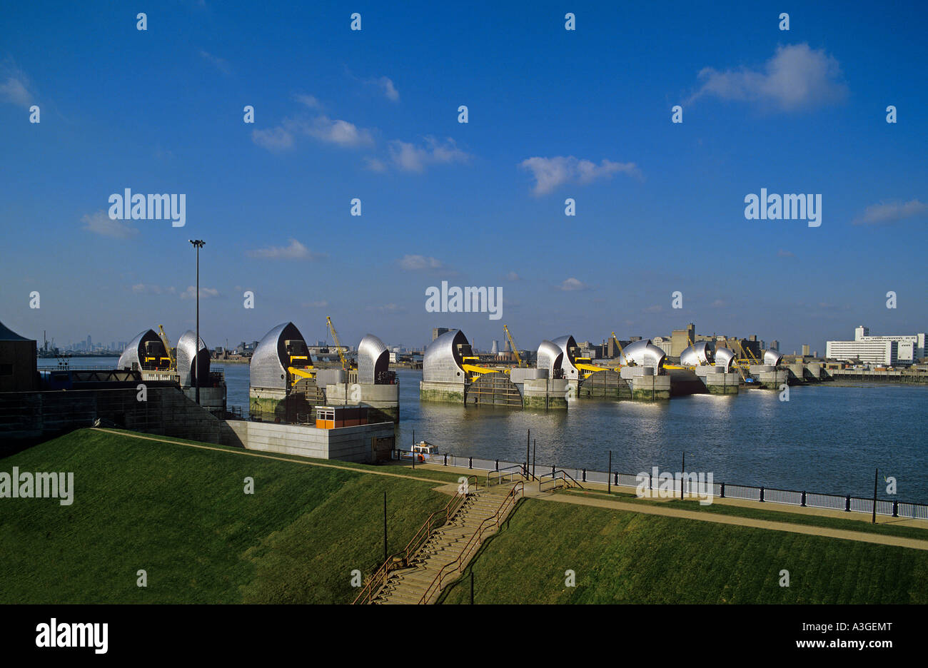 Thames Barrier at Woolwich to protect London from rising water levels storm surges and high tides Stock Photo