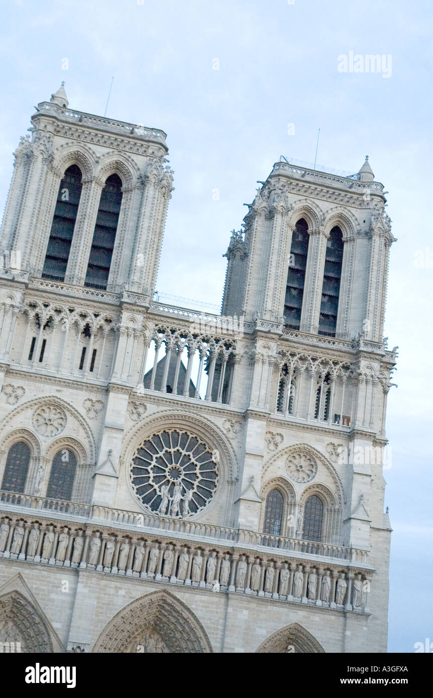 skewed view of notre dame cathedral in paris france prior to the devastating April 15, 2019 fire. Stock Photo