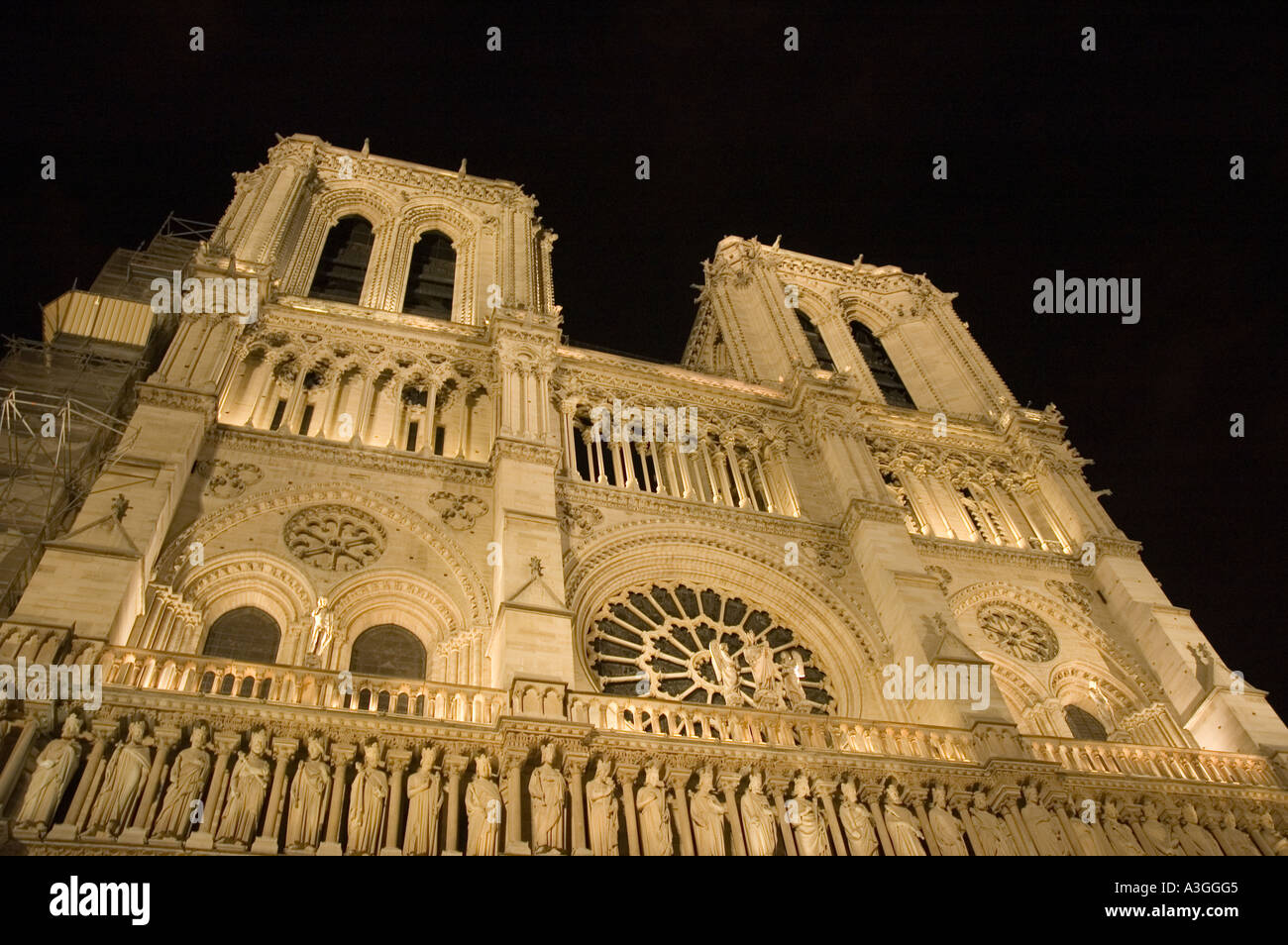 looking up at Notre Dame Cathedral in Paris France prior to the devastating April 15, 2019 fire. Stock Photo