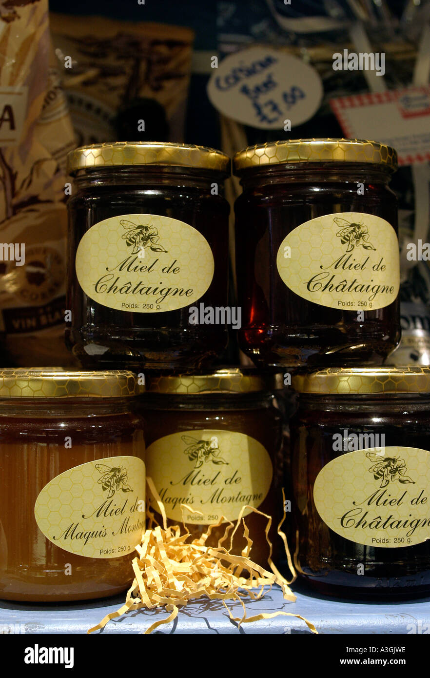 French Honey Miel de Maquis Mantagne Miel de chataigne French Living shop and café owned by Louise and Stephane Luiggi Stock Photo