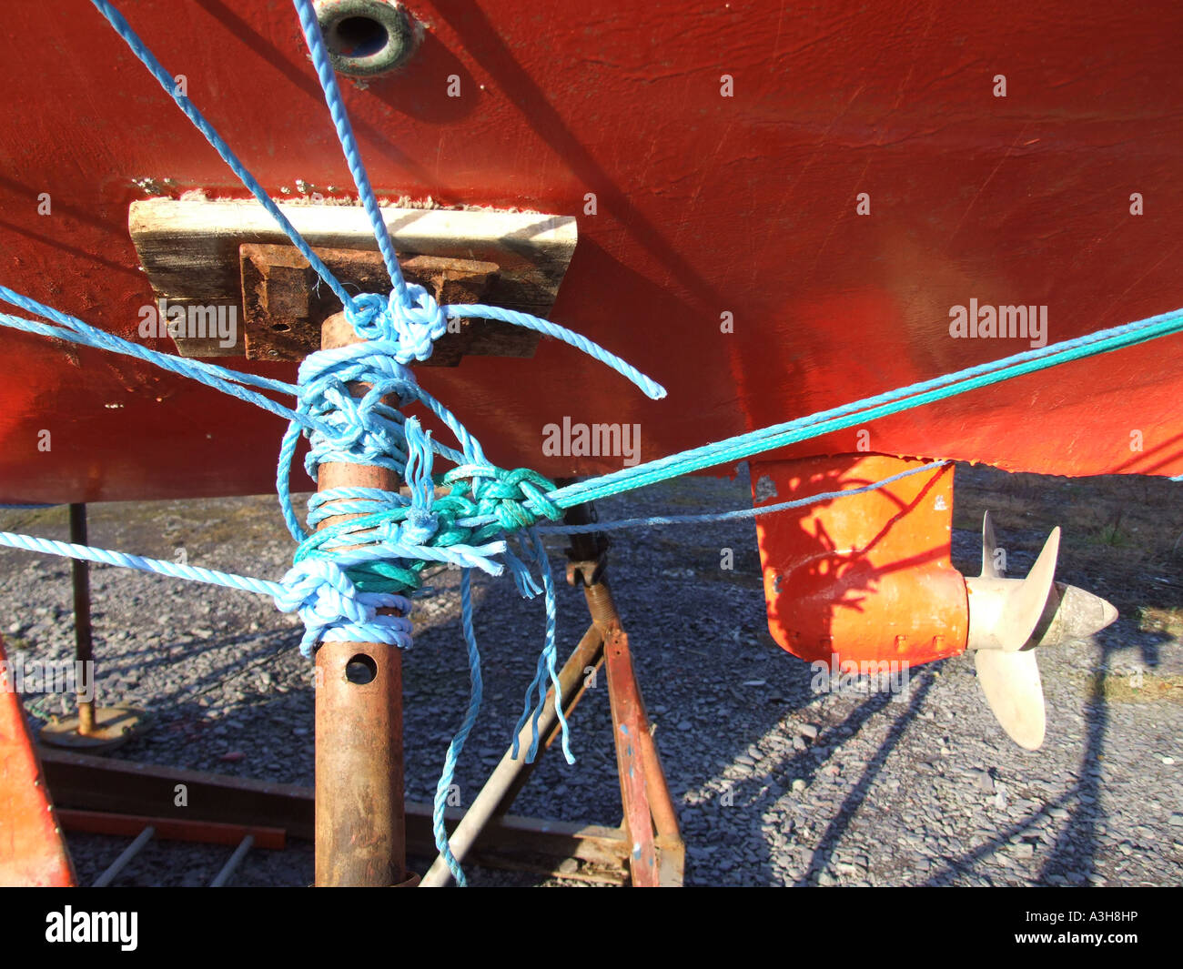 Overhual Rope rope and stay supporting boat in dry dock for maintenance overhaul work ...