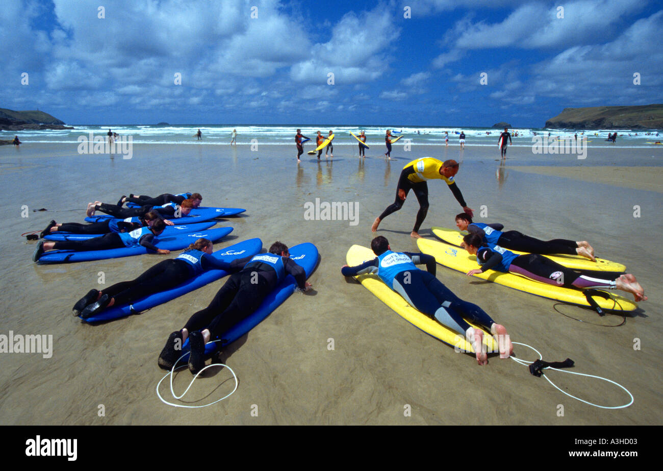 Surf class at Surfs Up surf school Polzeath beach North Cornwall coast England Britain UK Stock Photo