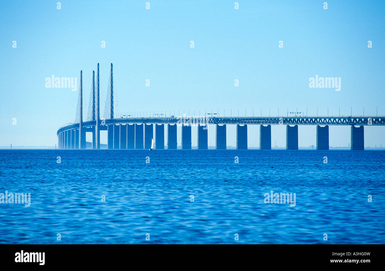 Oresund Bridge joining Sweden and Denmark seen from Sweden Stock Photo