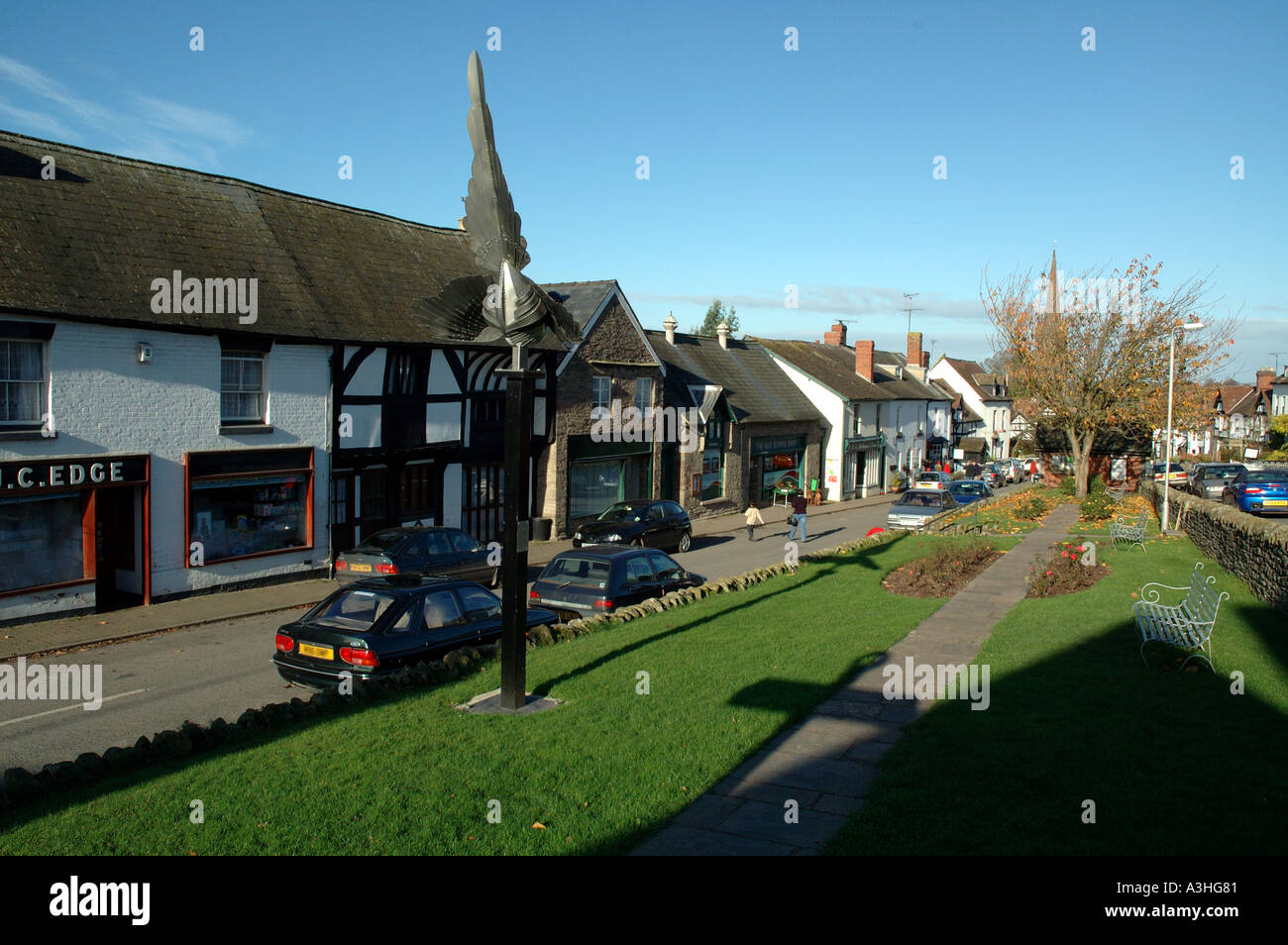 Main Road and Village Green Weobley Village Herefordshire England Stock Photo