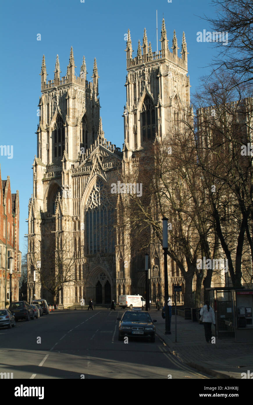 Western facade of York Minster from Duncombe Place, York. Stock Photo