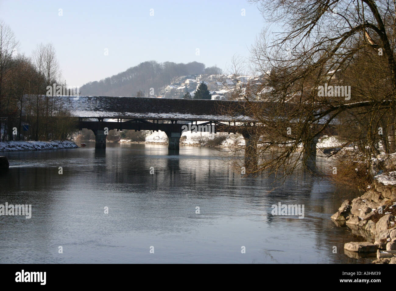 Roof covered woodbridge Newbridge Neubruecke near Berne Switzerland Stock Photo