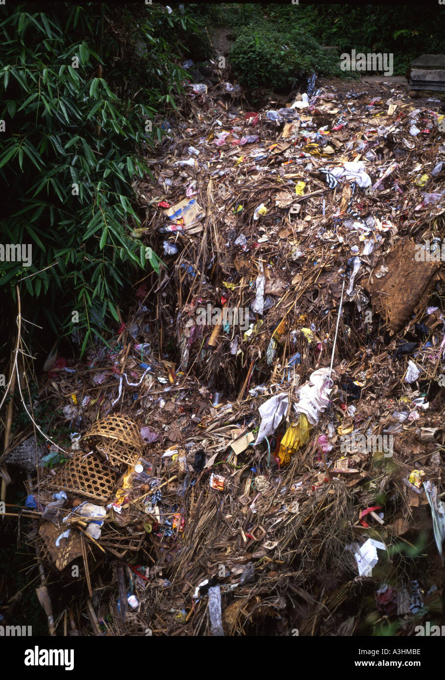 Litter strewn down the banks of a beauty spot,a common sight in Indonesia Stock Photo