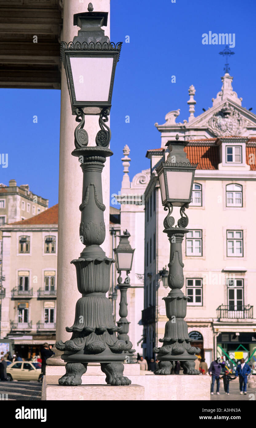 Historic streetlights in front of the theater Dona Maria II.,  Rossio, Lisbon, Portugal, Europe Stock Photo