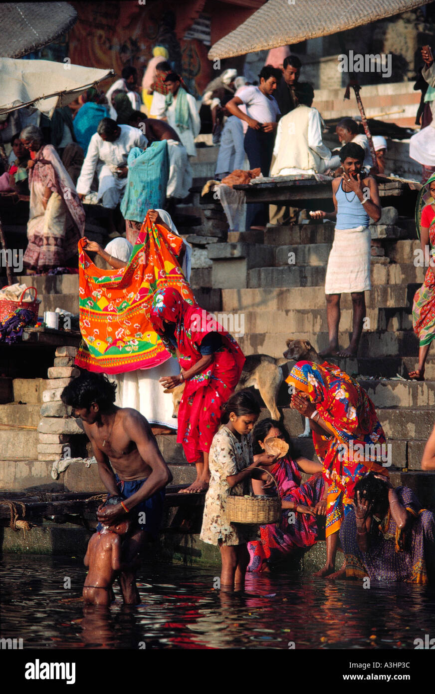 religious bathing at ghat ganga river city of varanasi state of uttar pradesh india Stock Photo