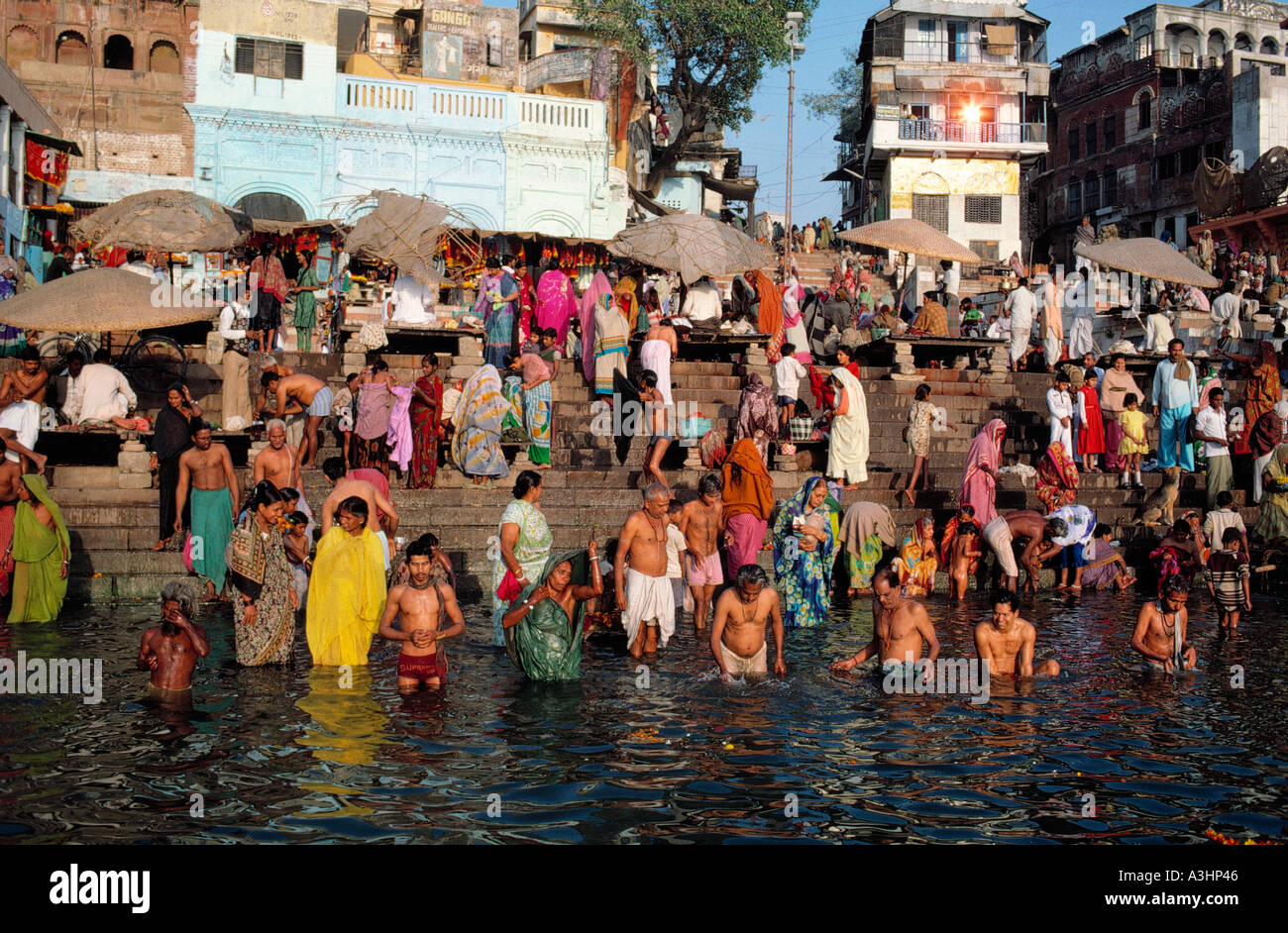 religious bathing at ghat ganga river city of varanasi state of uttar pradesh india Stock Photo