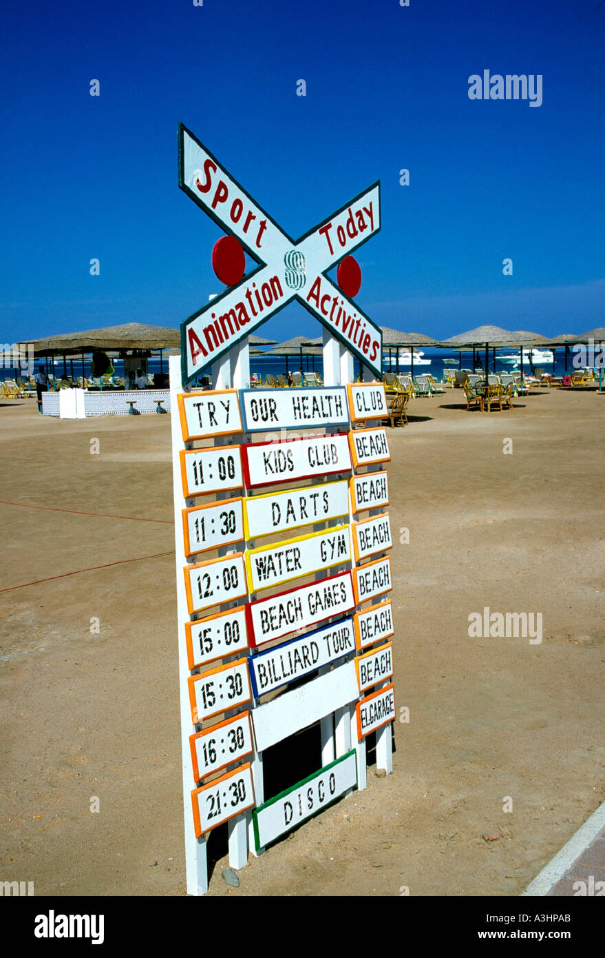 signs for animation today resort of hurghada red sea egypt Stock Photo