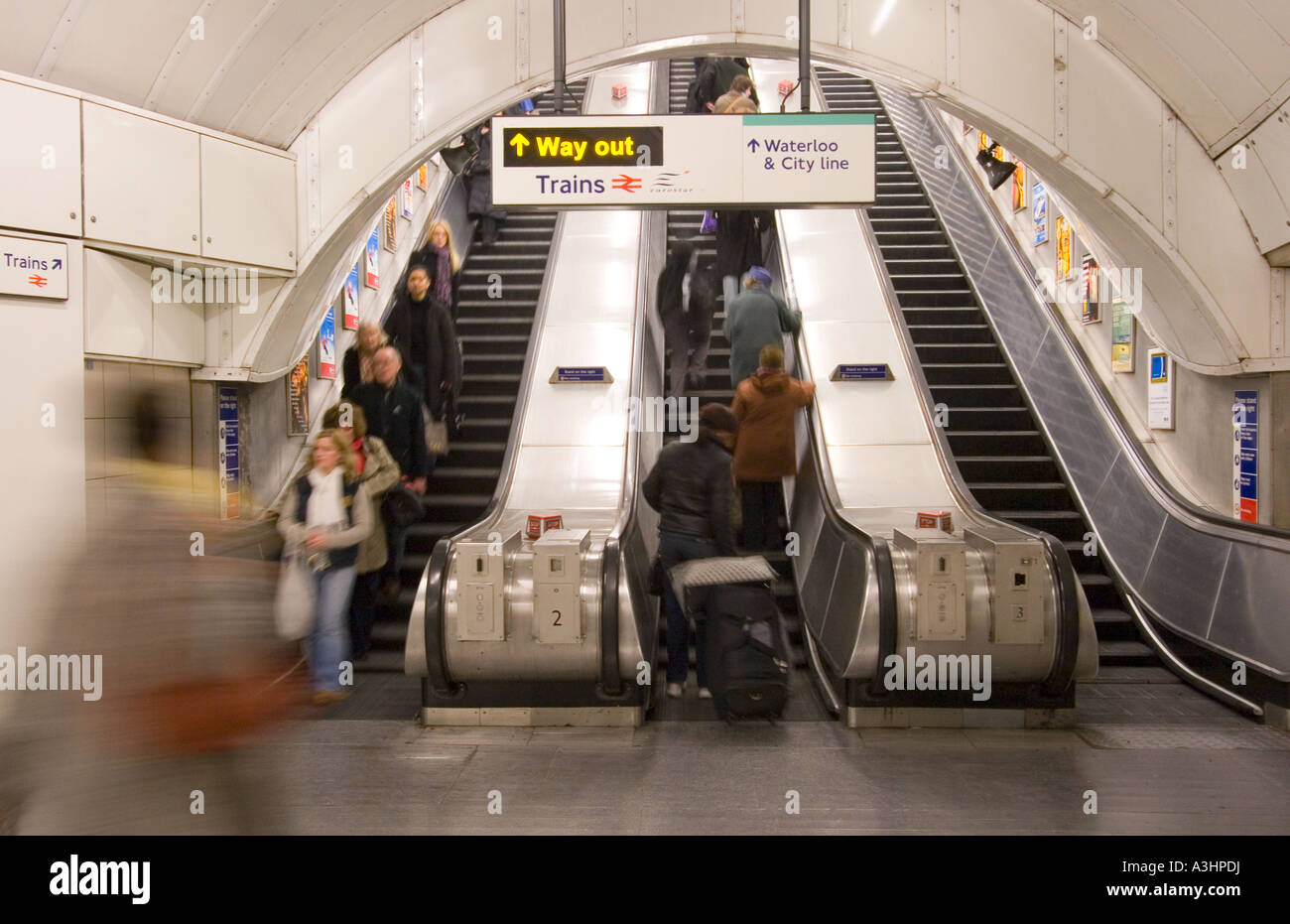 london underground escalators at waterloo station Stock Photo
