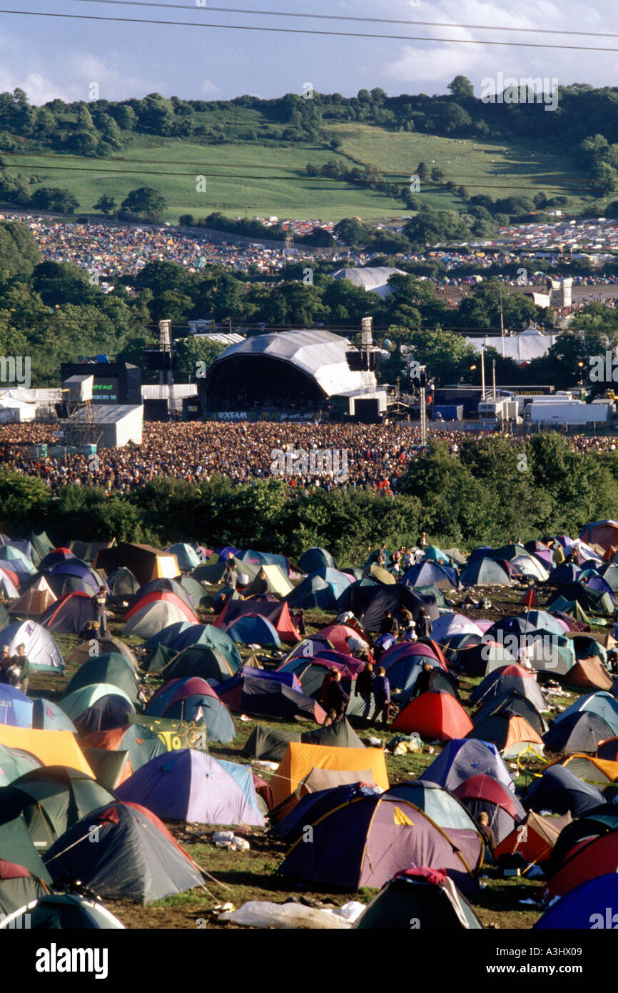 the campsite and the main stage Glastonbury festival Stock Photo