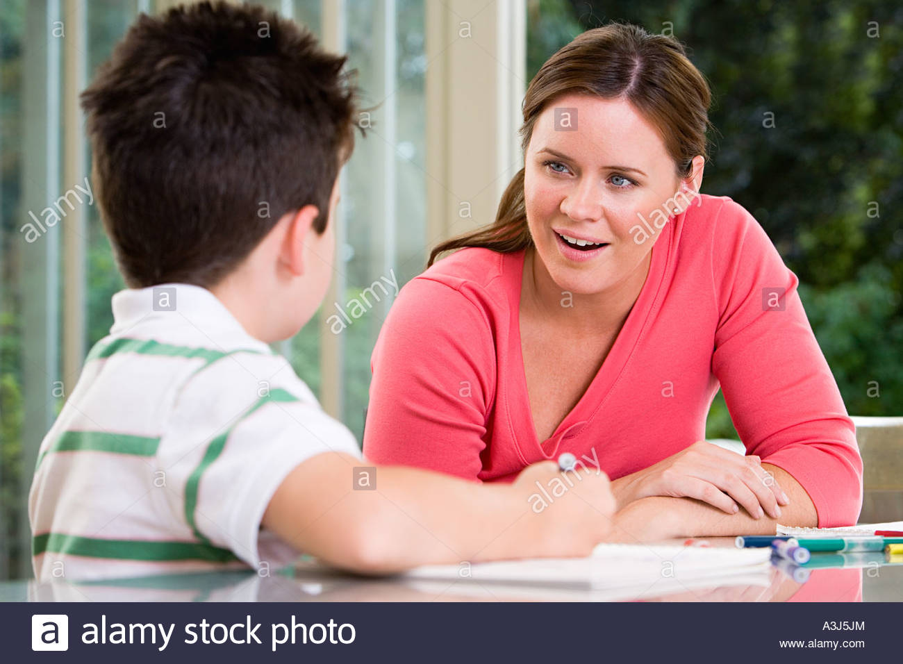 Mother Son Drawing Dining Table Stock Photos Mother Son Drawing