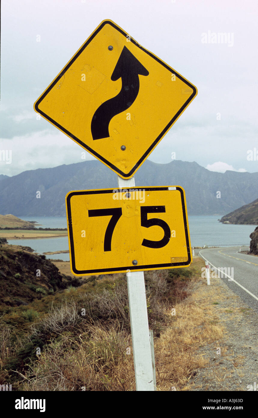 Traffic sign in New Zealand South Island Lake Hawea Stock Photo