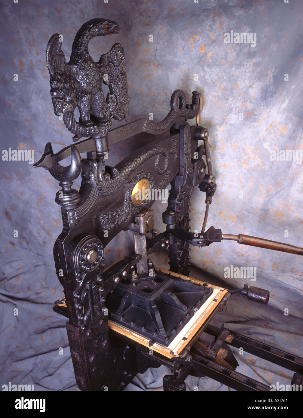 old iron manual printing press with eagle decoration, in St Bride
