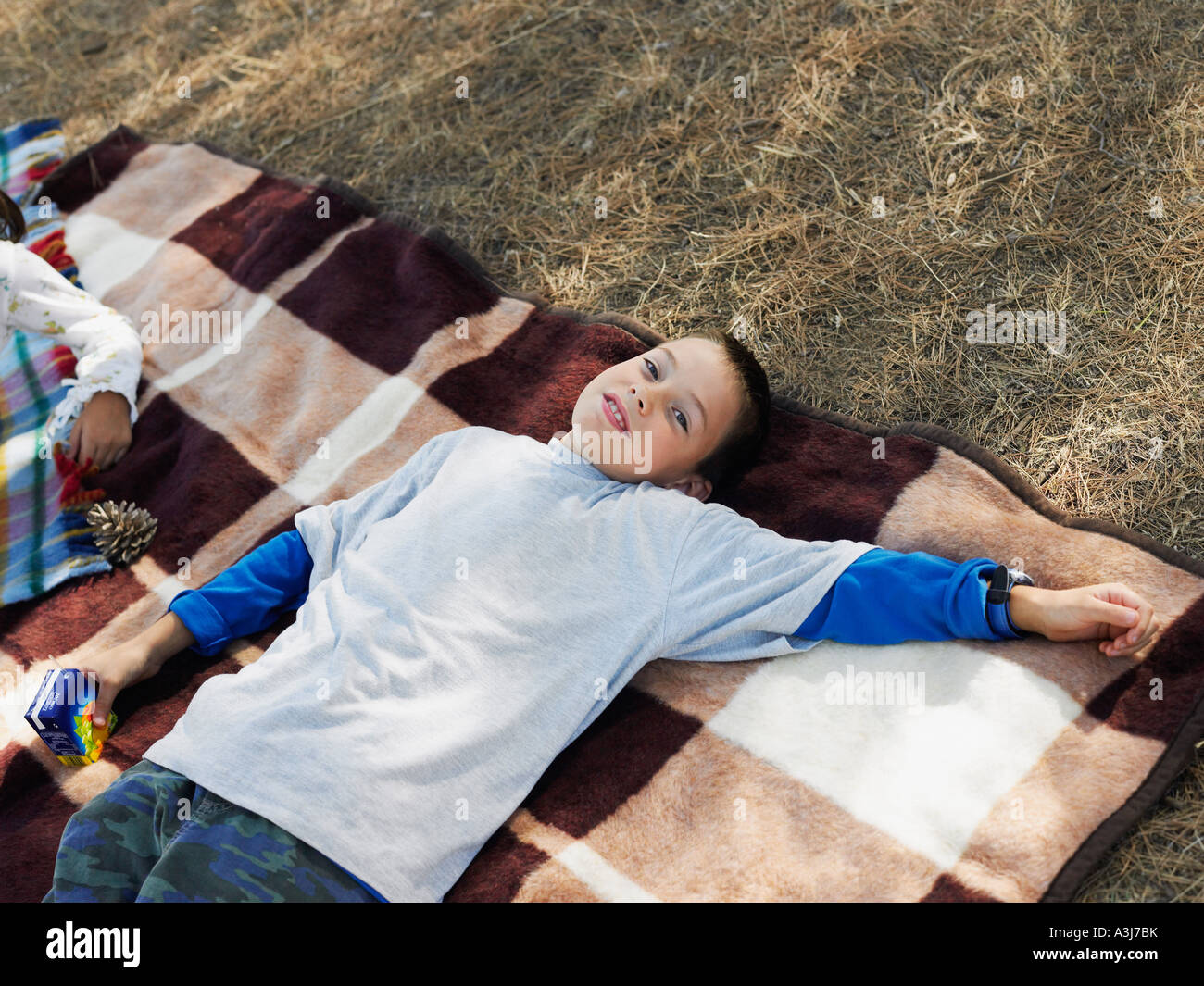 Boy lying on blanket Stock Photo Alamy