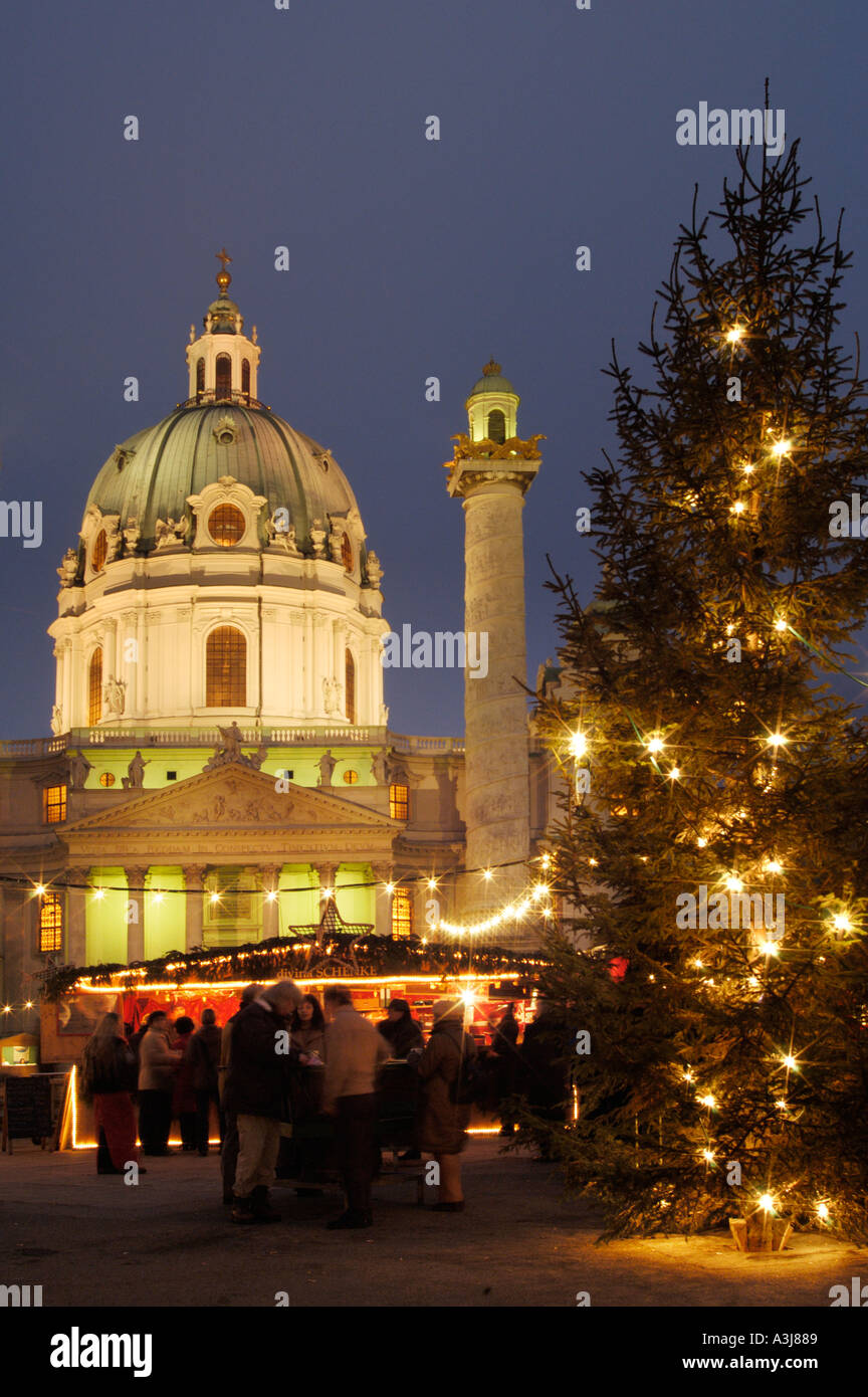 christmas market and the Karlskirche church Vienna Austria Stock Photo
