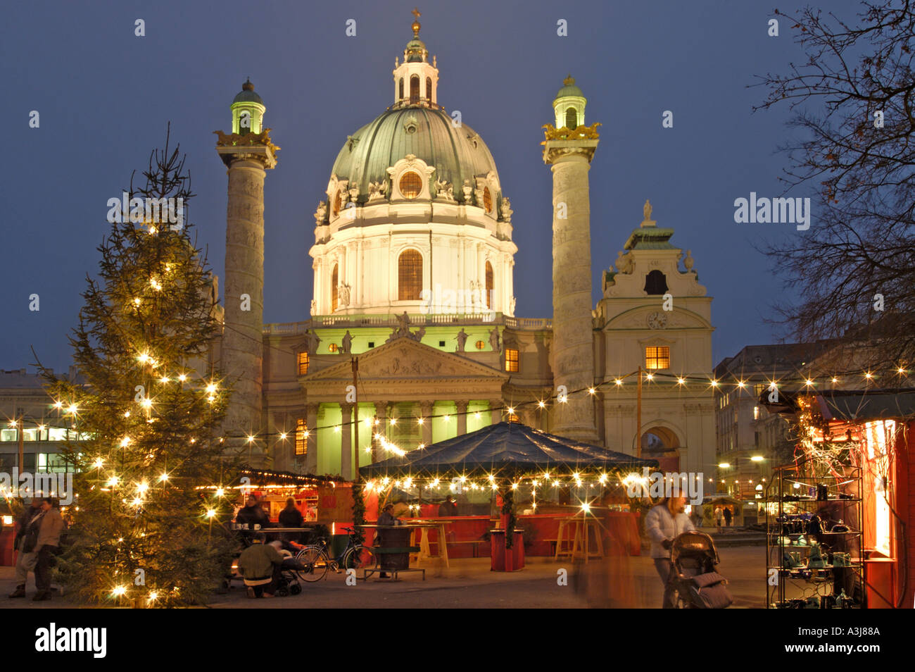 christmas market and the Karlskirche church Vienna Austria Stock Photo