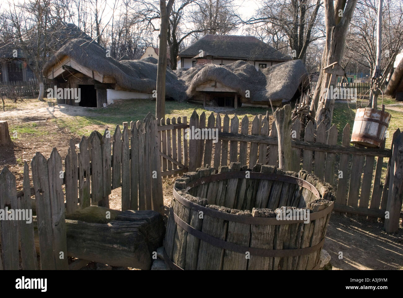 Rural water well displayed at the ethnographic Village Museum. (Muzeul National al Satului Dimitrie Gusti) in Bucharest Romania Stock Photo