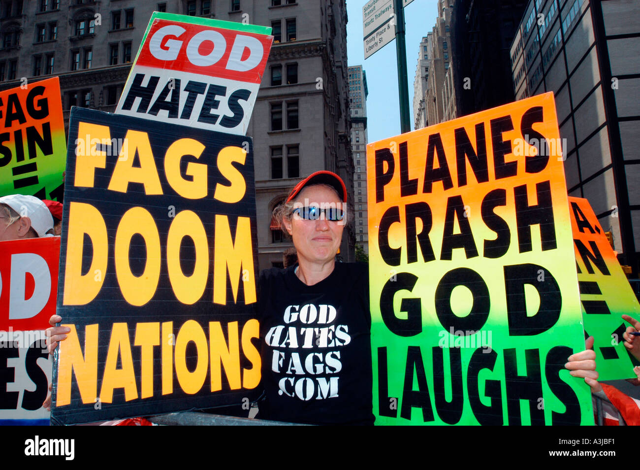 Members of the Westboro Baptist Church from Topeka Kansas demonstrate against homosexuality Stock Photo