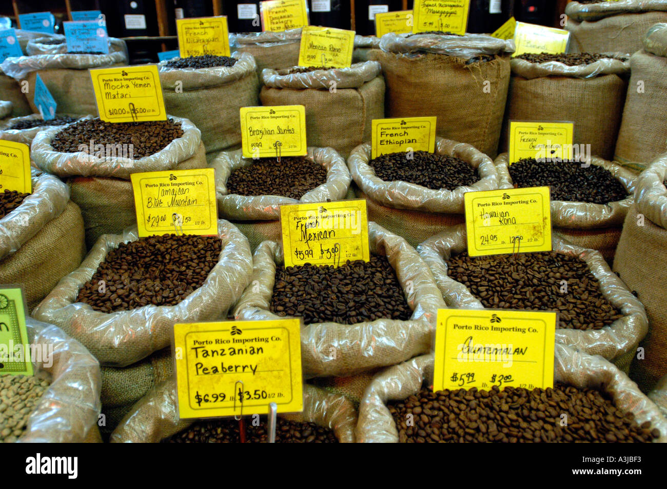 Bags of coffee from many countries at Porto Rico Importing Company