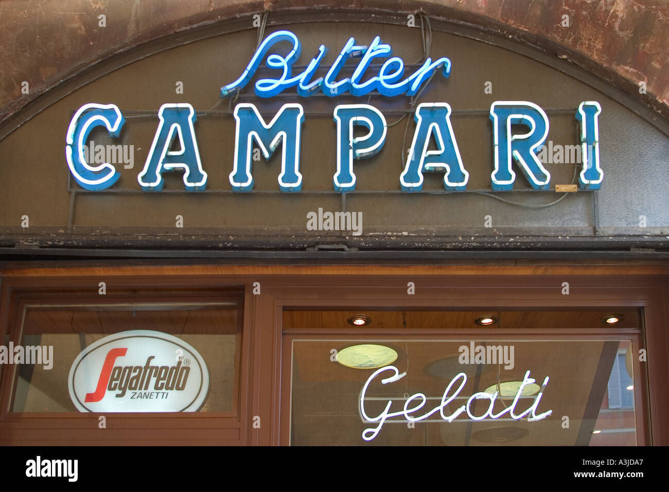 Bitter Campari Segafredo and gelati sign on a Ravenna Cafe Stock Photo