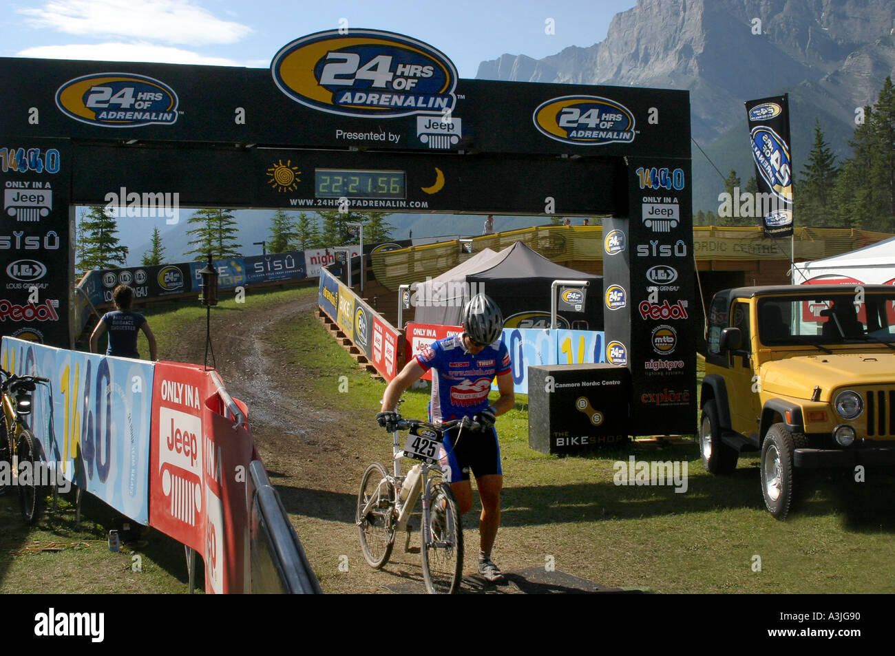 Bicycle racing 24 Hours of Adrenalin crossing the finish line a job well done Stock Photo
