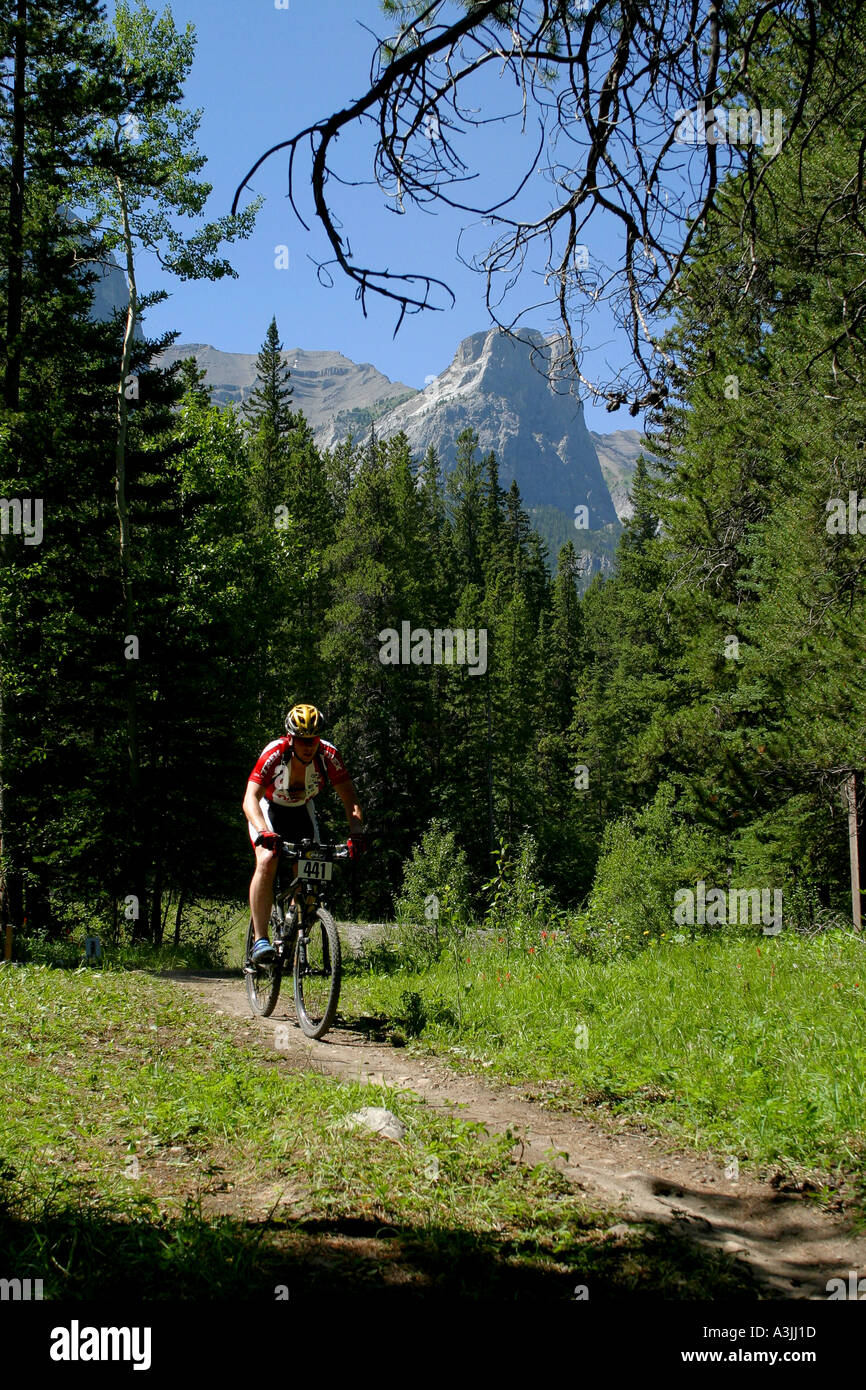 Bicycle racing 24 Hours of Adrenalin  at Canmore, Alberta, in the Canadian Rockies Stock Photo