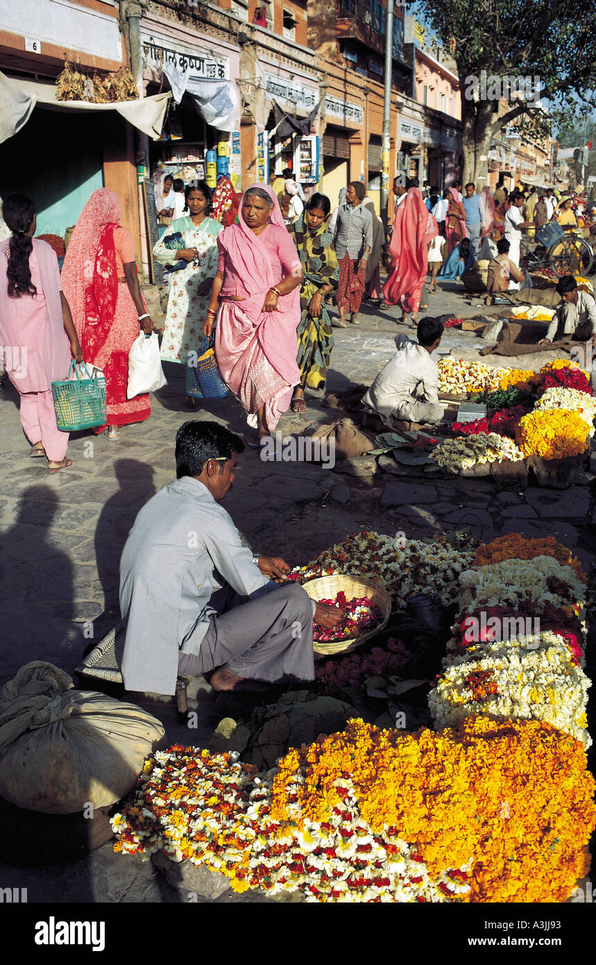 sidewalk flower market town of jaipur state of rajasthan india Stock