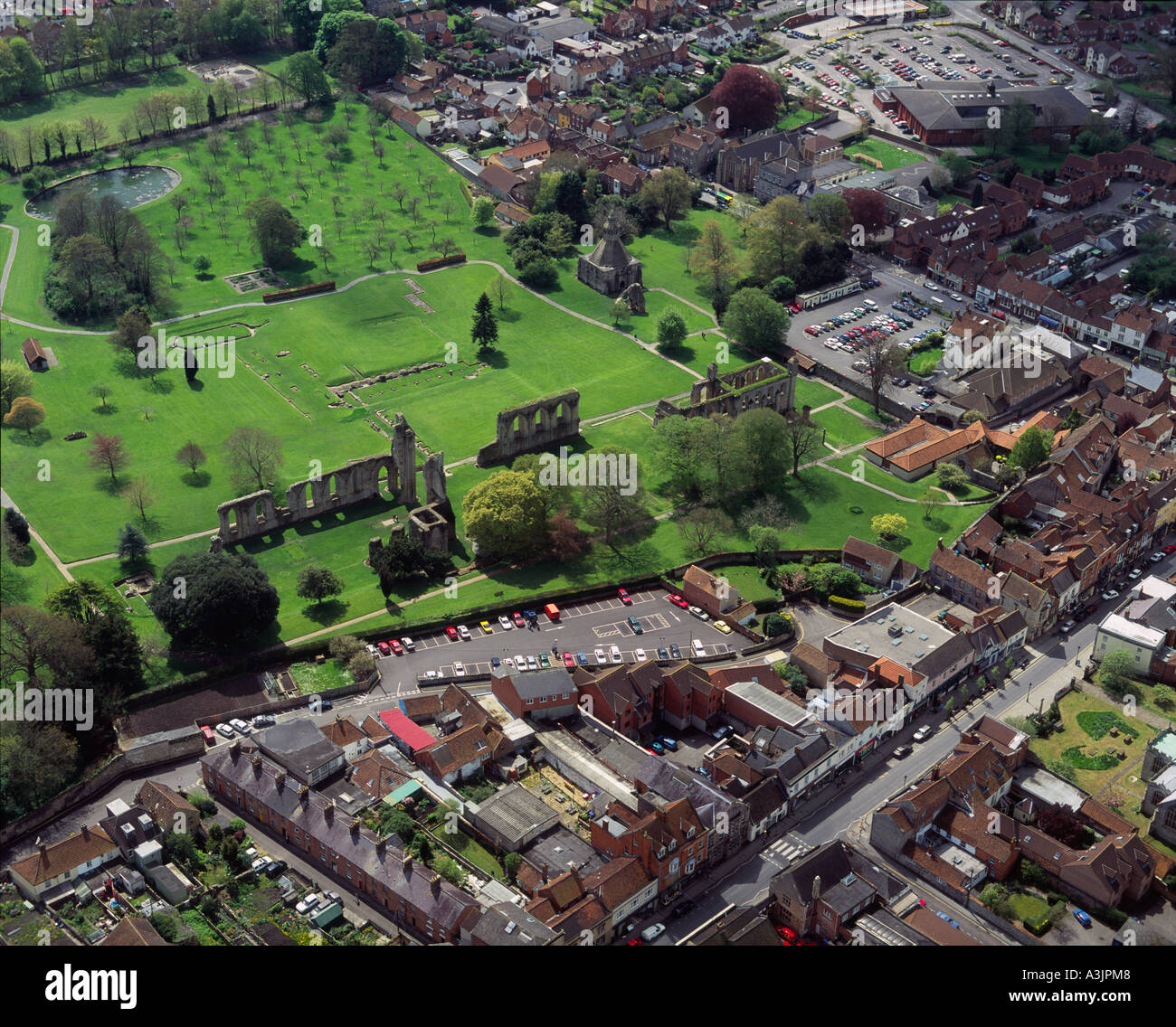 Glastonbury Abbey ruins Somerset UK aerial view Stock Photo