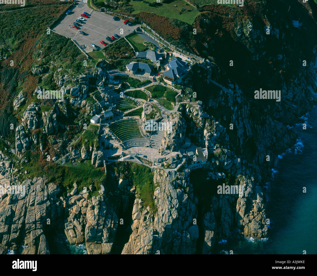 Minack openair Theatre in coastal cliffs Cornwall UK aerial view Stock Photo