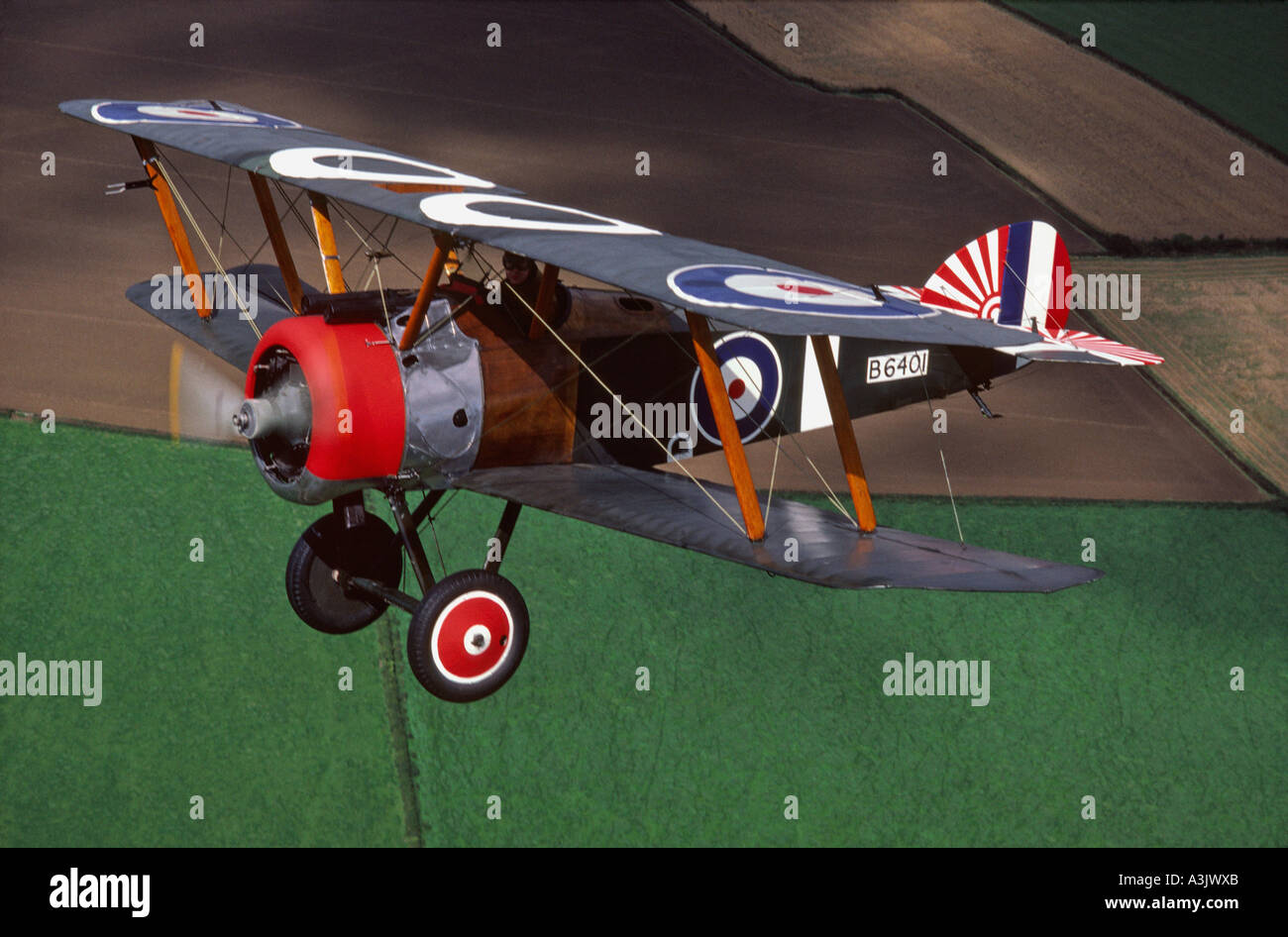 Sopwith Camel replica flying above fields Stock Photo