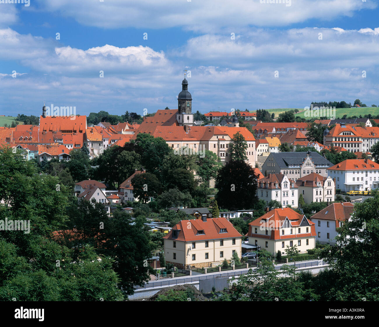 Panoramaansicht von Dippoldiswalde im Erzgebirgsvorland mit Rathaus, Stadtkirche und Schloss Stock Photo