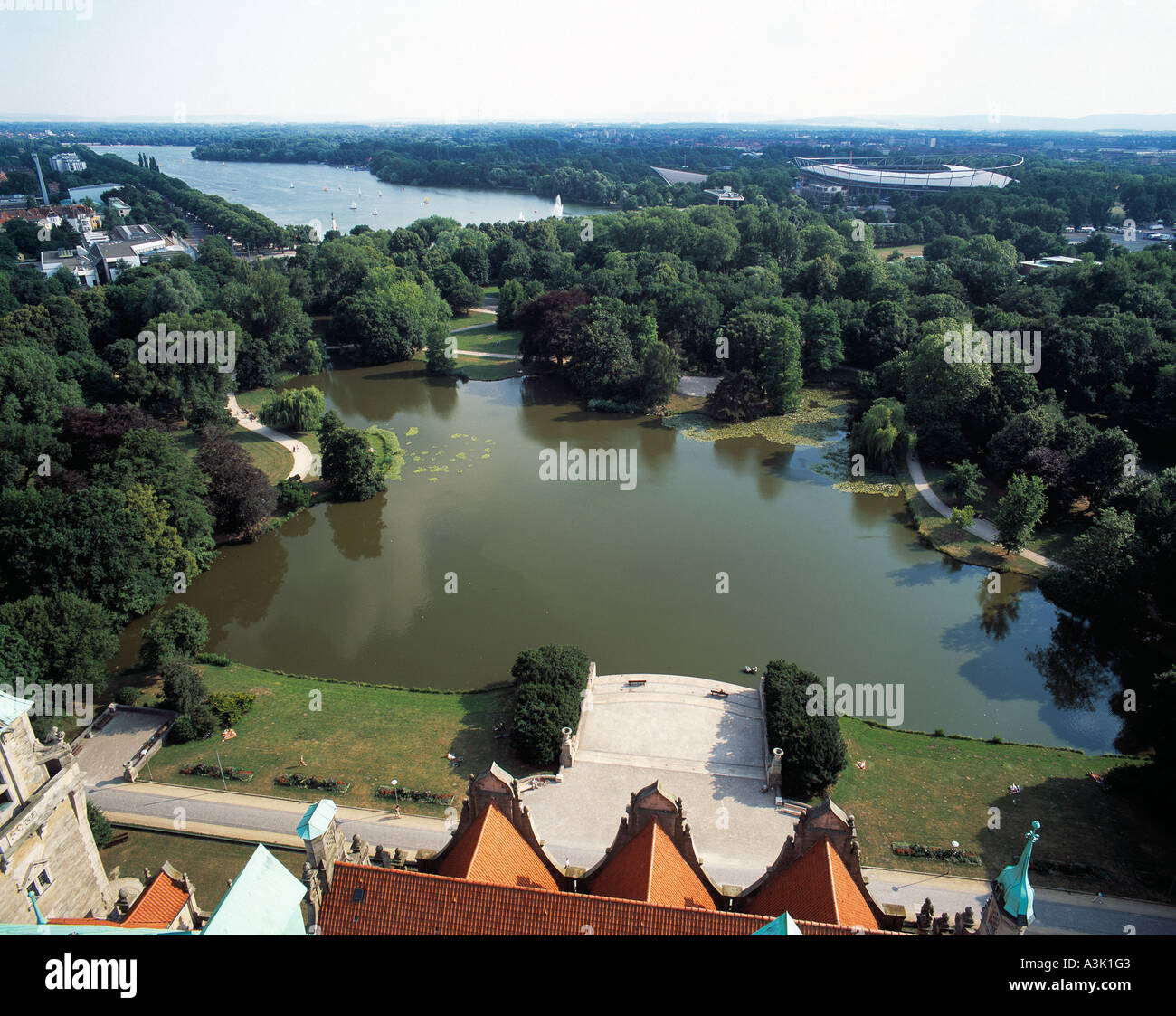 D-Hanover, Leine, Lower Saxony, panoramic view across the Maschteich to the Masch Lake and to the AWD Arena, the former Niedersachsen Stadium Stock Photo