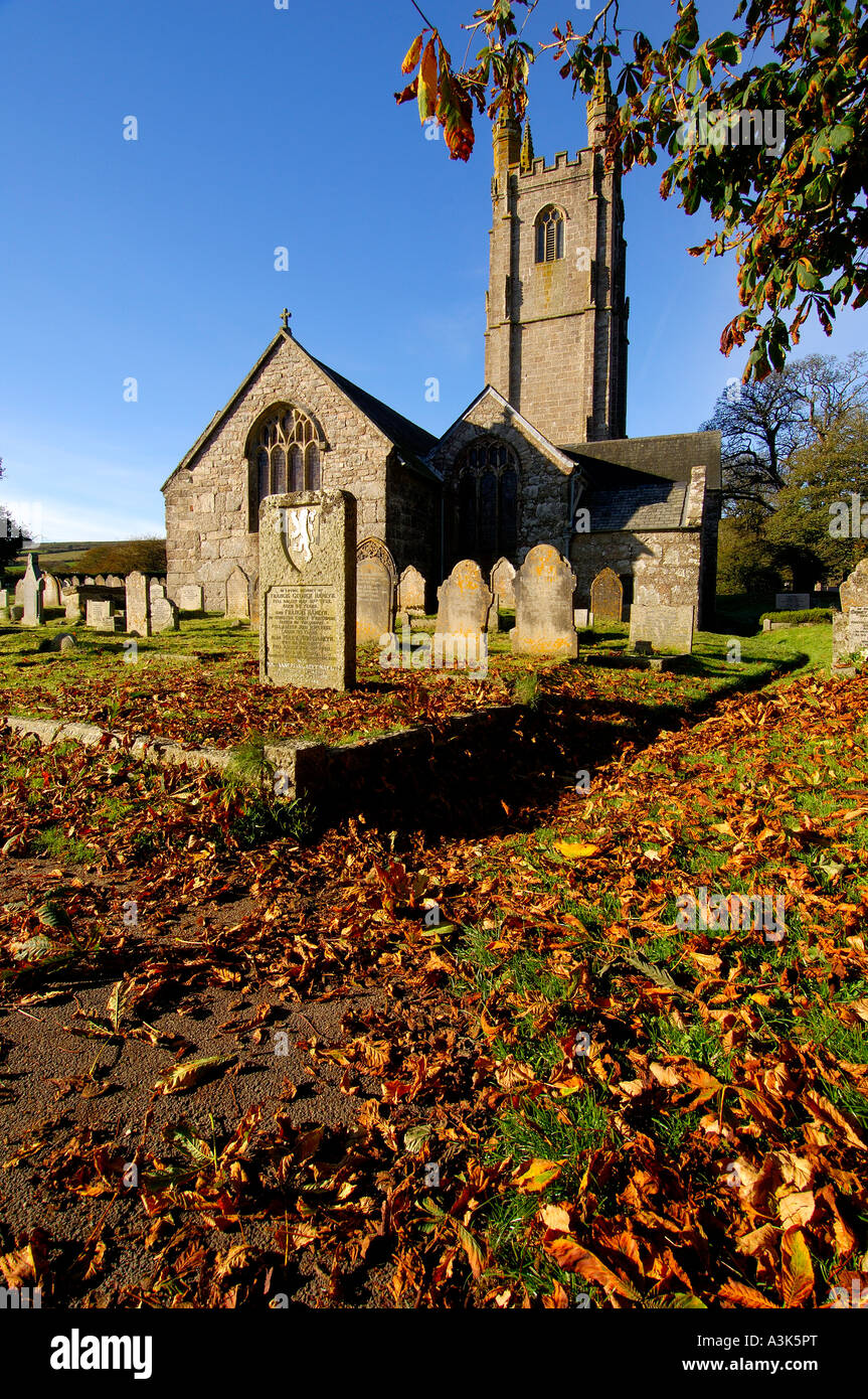 The Church of St Pancras at Widecombe in the Moor Dartmoor in autumn known as The Cathedral of The Moor Stock Photo