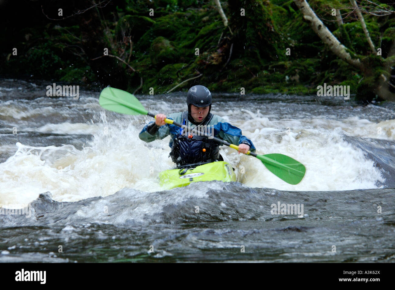 Canoeist on white water on the River Dart in South Devon battling against the force of the river Stock Photo