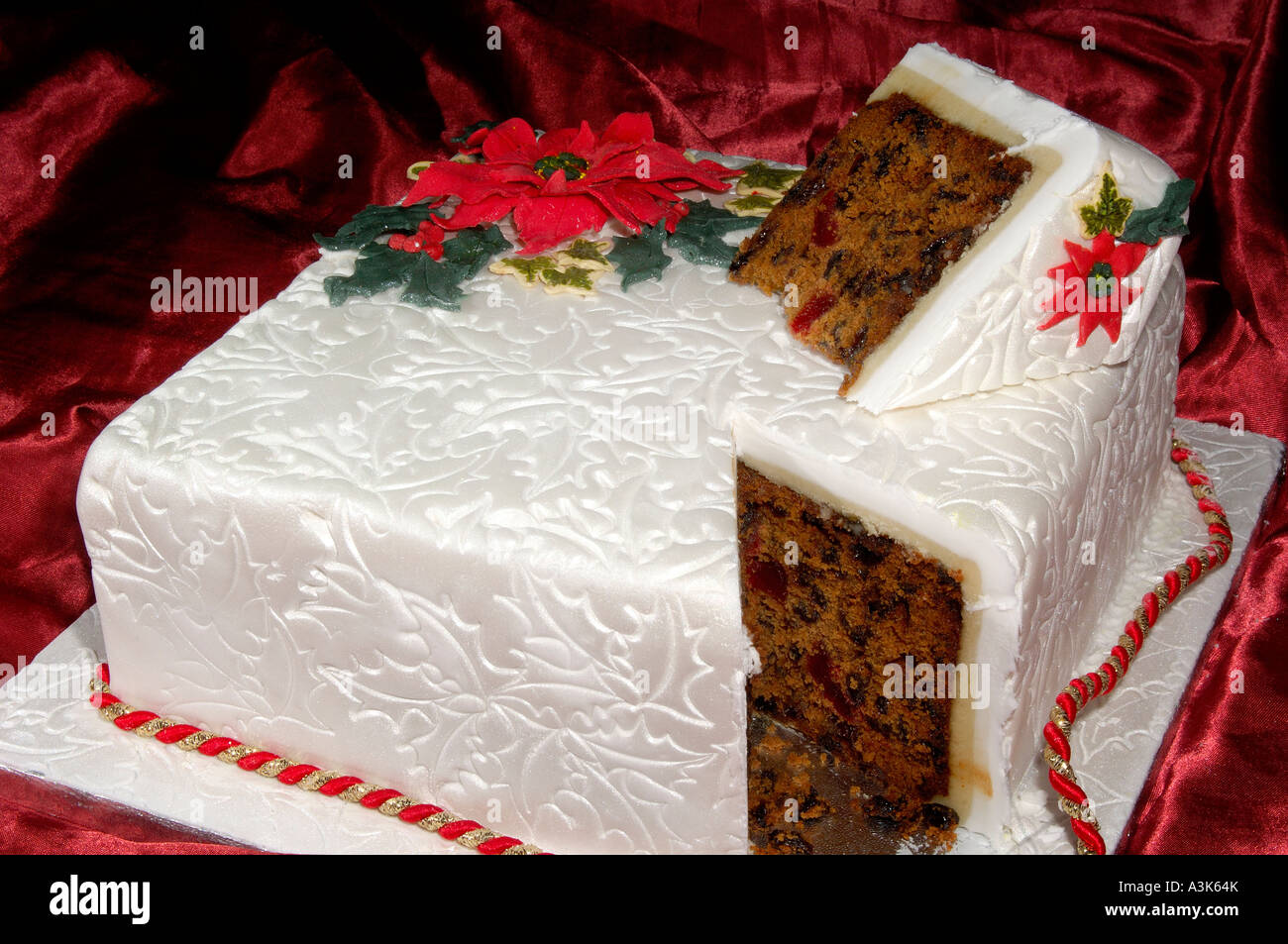Beautifully decorated iced Christmas fruit cake with embossed holly