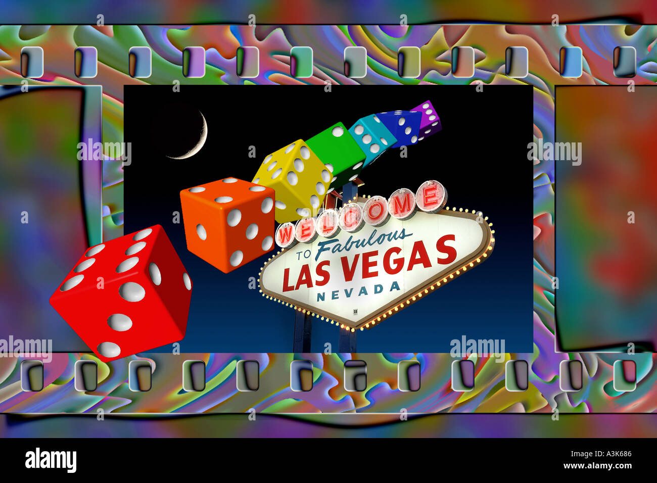Wacky composition of Las Vegas sign dice and film strip Stock Photo