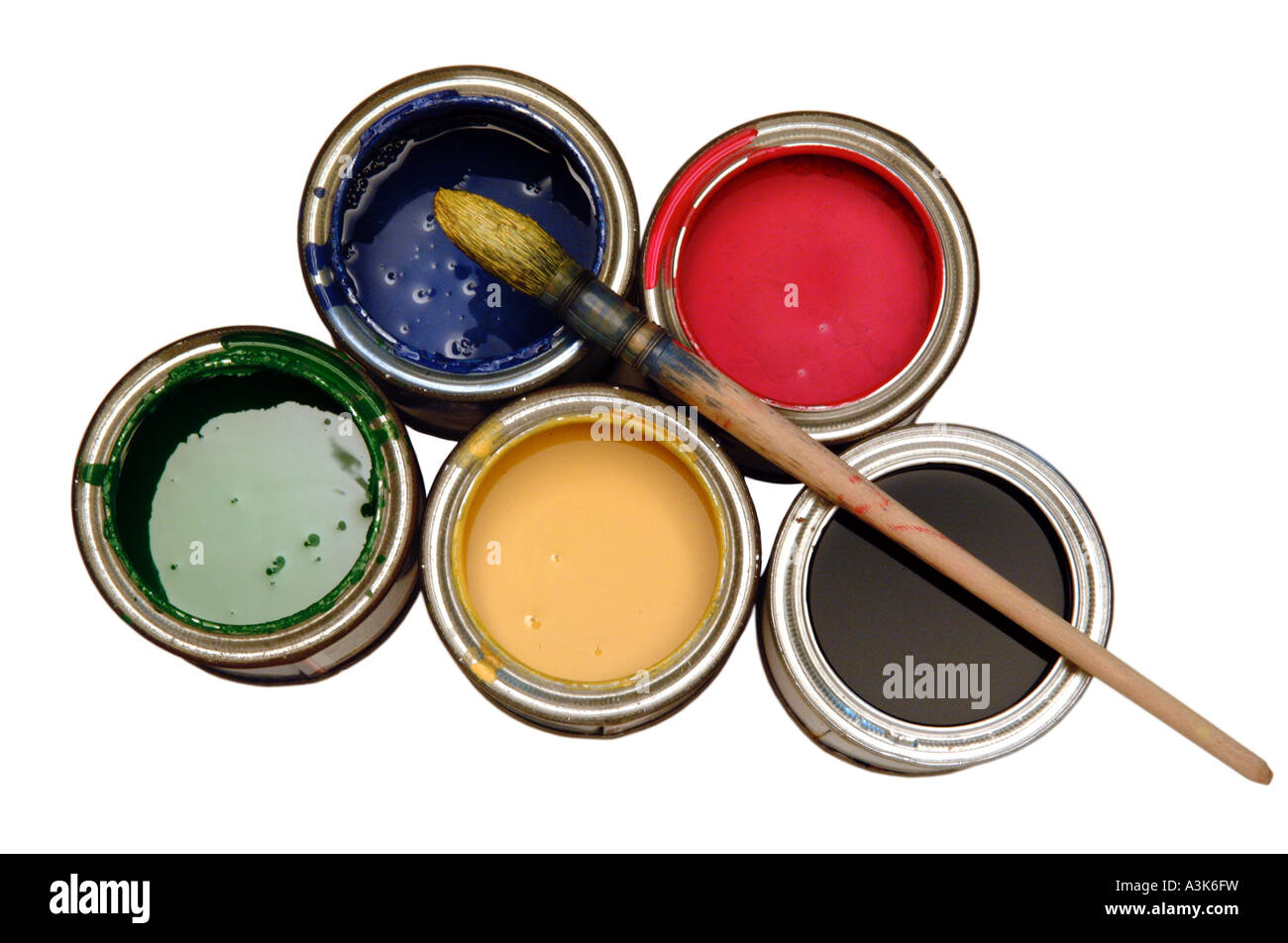Paint pots and brush Stock Photo Alamy