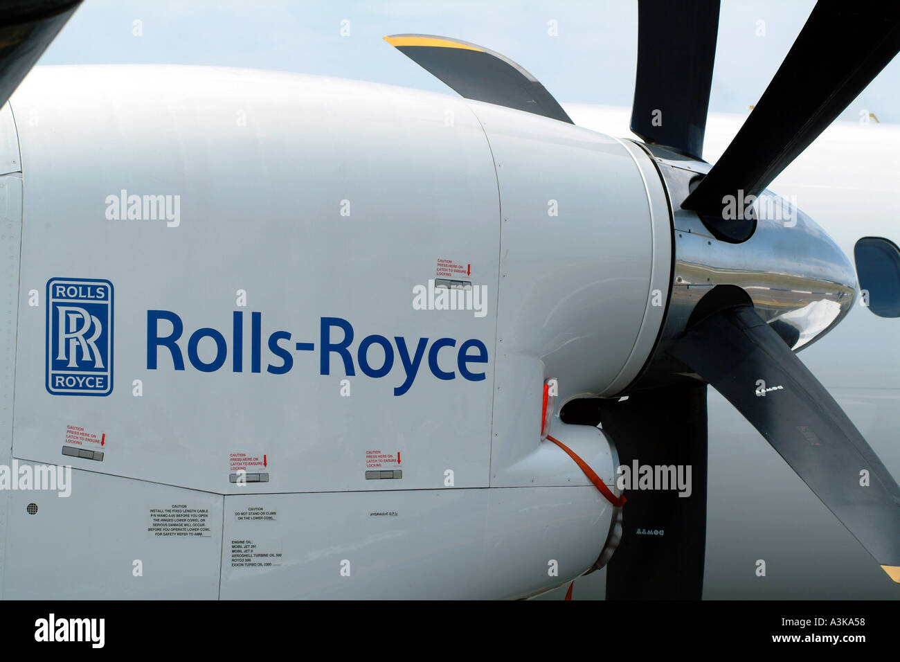 Logo of Rolls Royce on engine of Saab 2000 Aircraft Dowty propeller