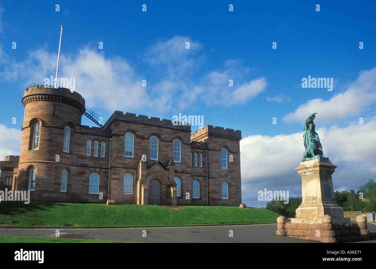 Front facade of Inverness castle with statue of Flora Macdonald Highlands Scotland GB UK EU Europe Stock Photo