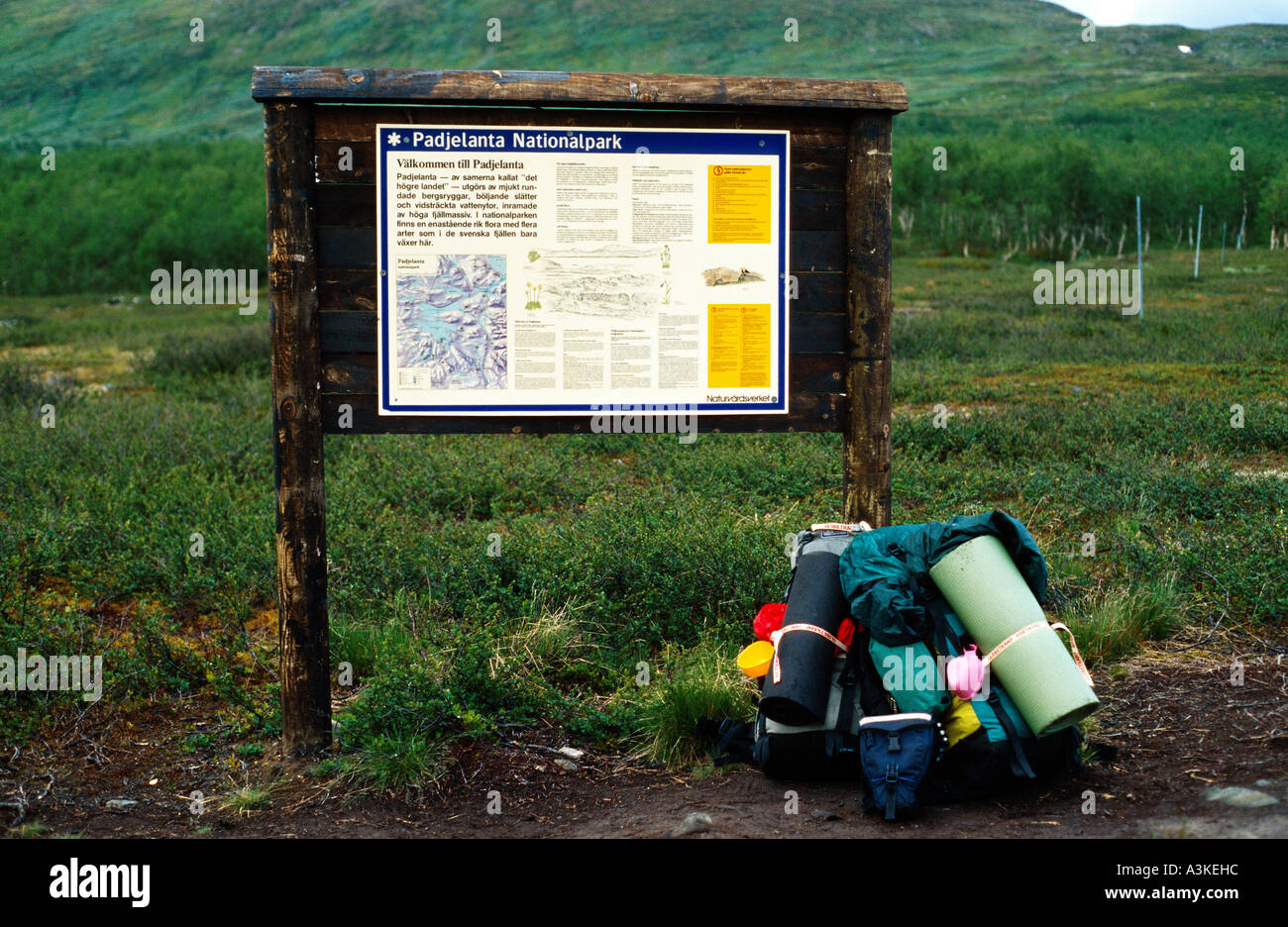 Sign Border Nationalpark Padjelanta Sarek, swedish Laplamd, Sweden Stock Photo
