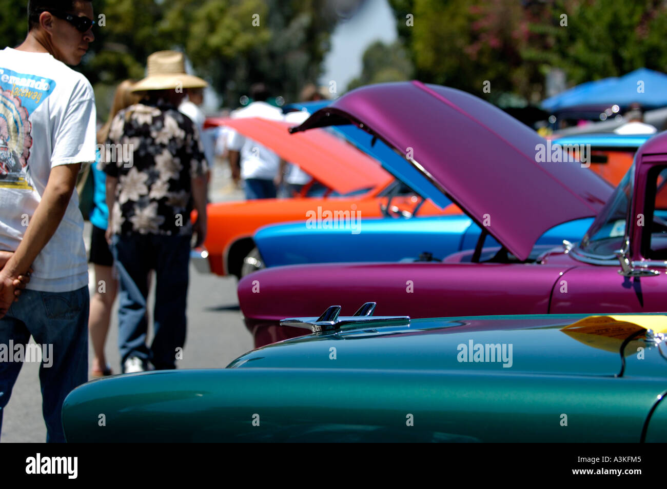 Los Angeles California car show. Cars lined up for exhibition Stock