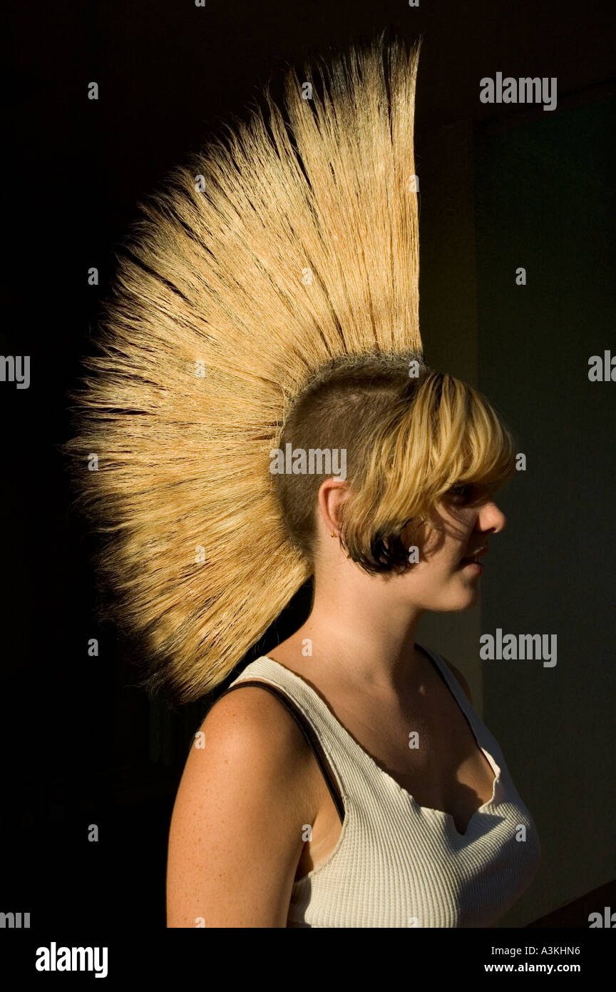 Young punk girl with blonde mohawk hairstyle Eugene Oregon USA Stock Photo